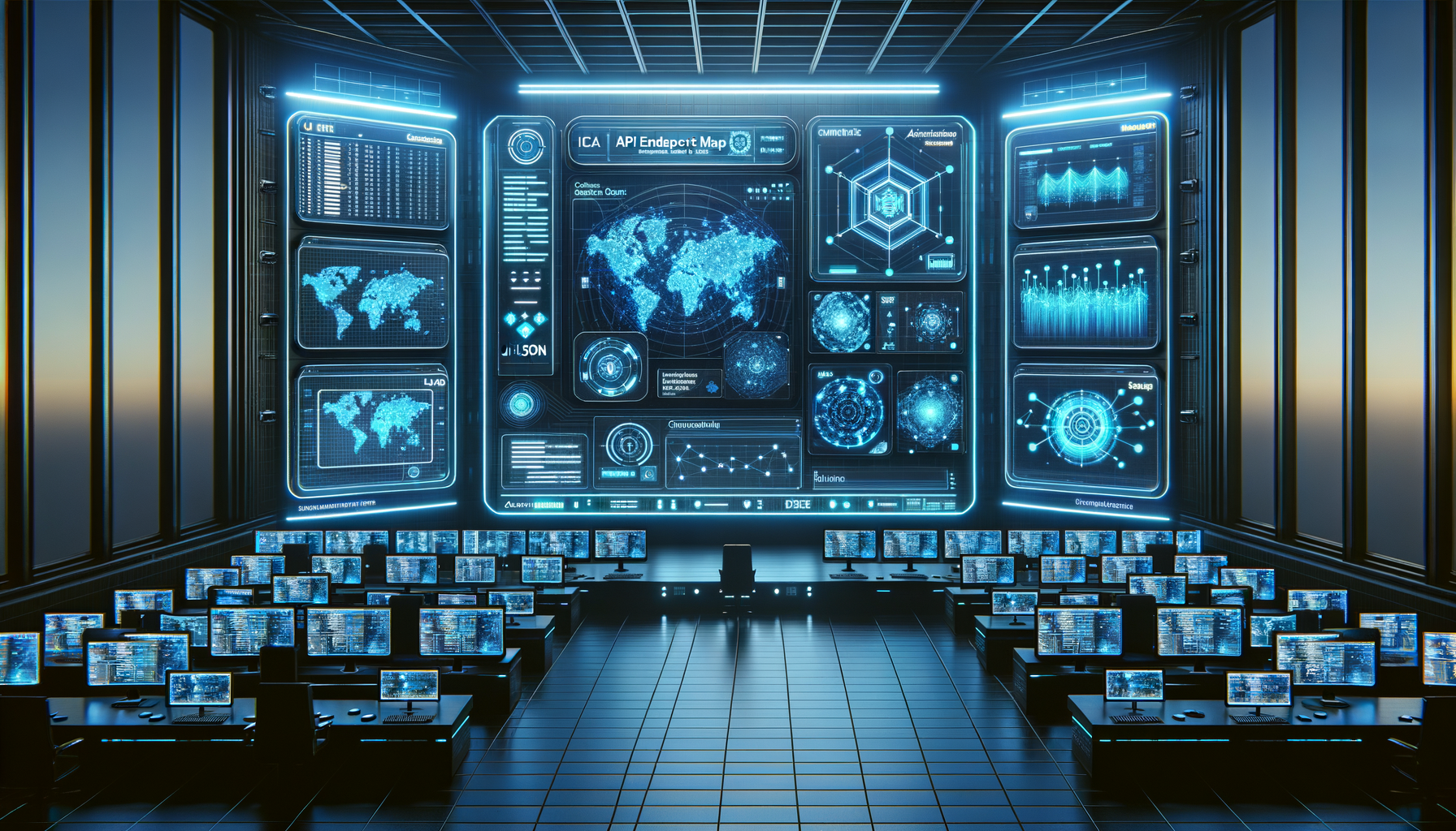API penetration testing command center with holographic displays showing endpoint maps and data streams