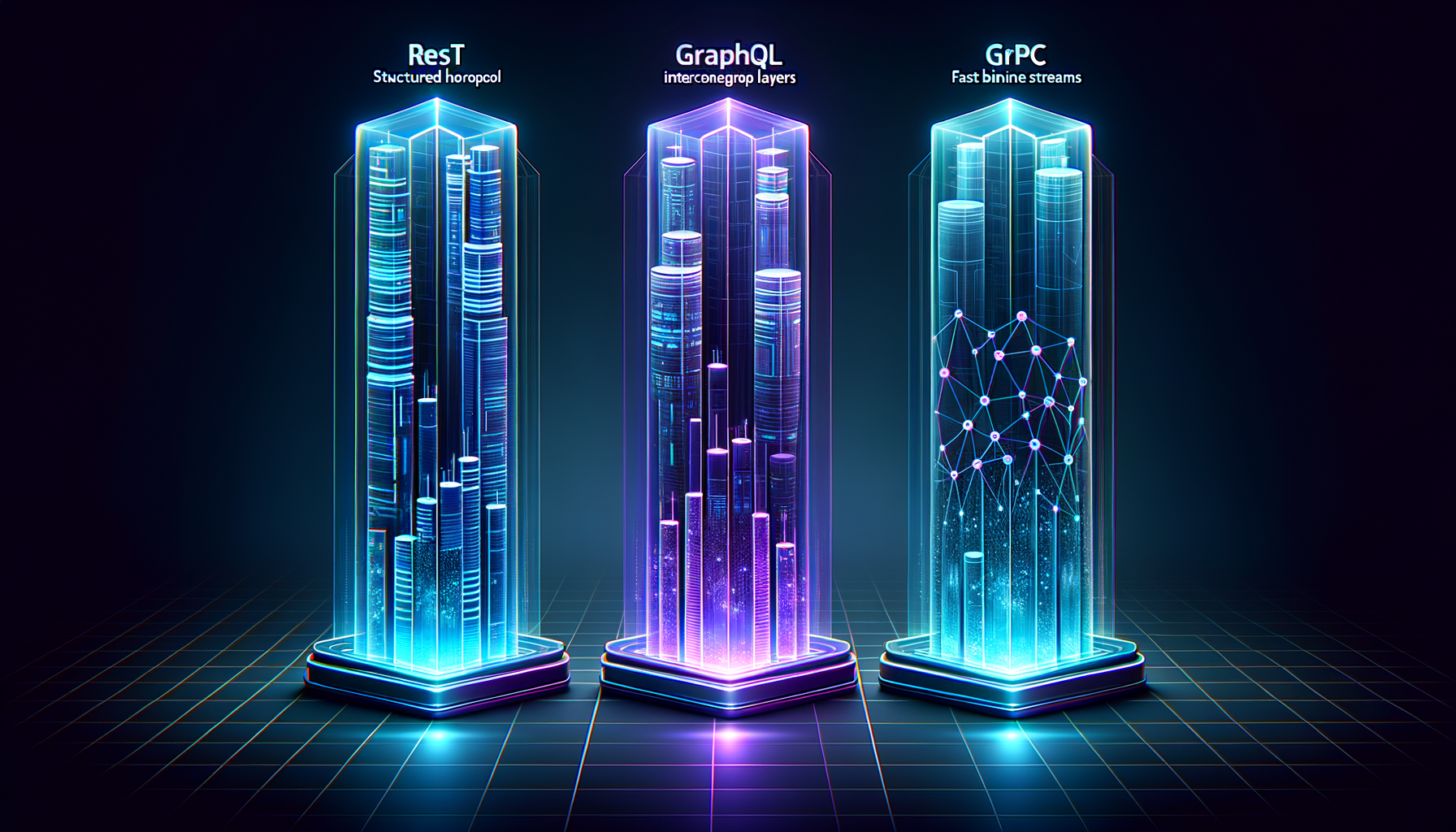 Visual comparison of REST, GraphQL, and gRPC API protocol architectures
