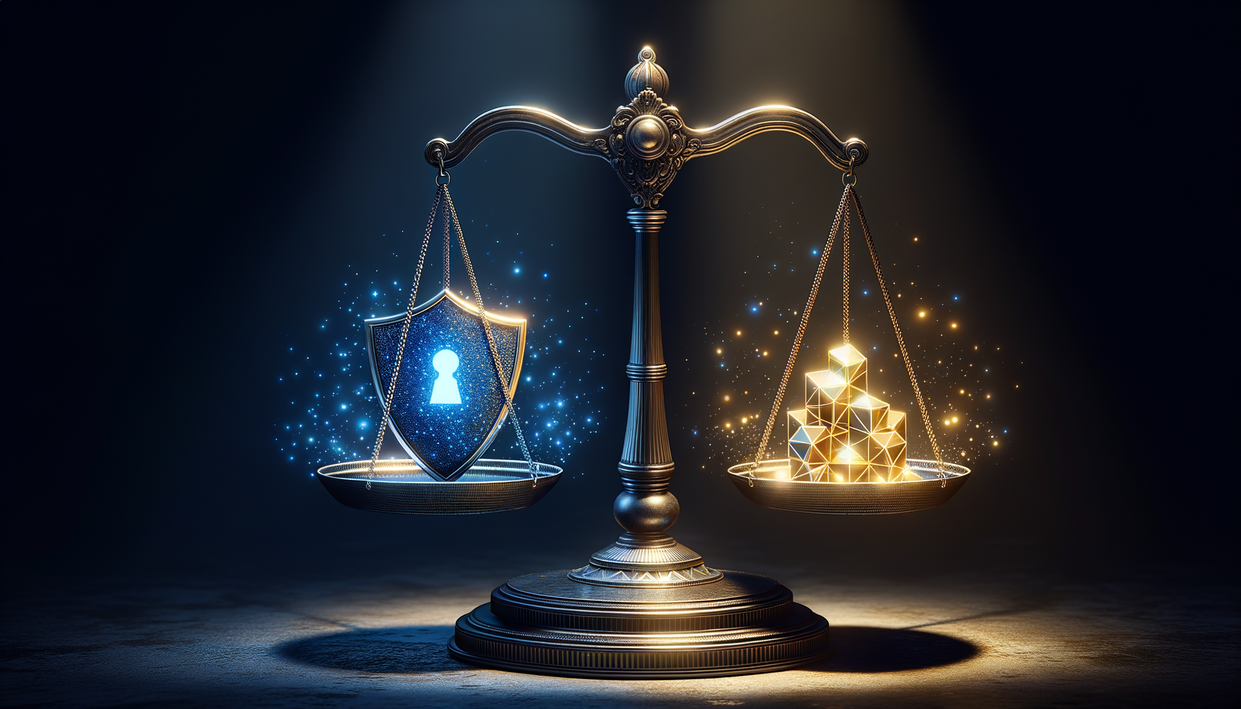 Balanced scale representing security investment ROI with shield and budget elements