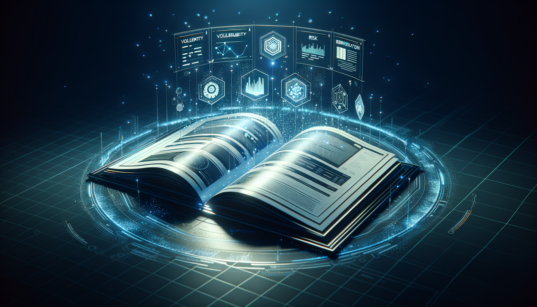 Holographic security assessment report with vulnerability charts and remediation timelines