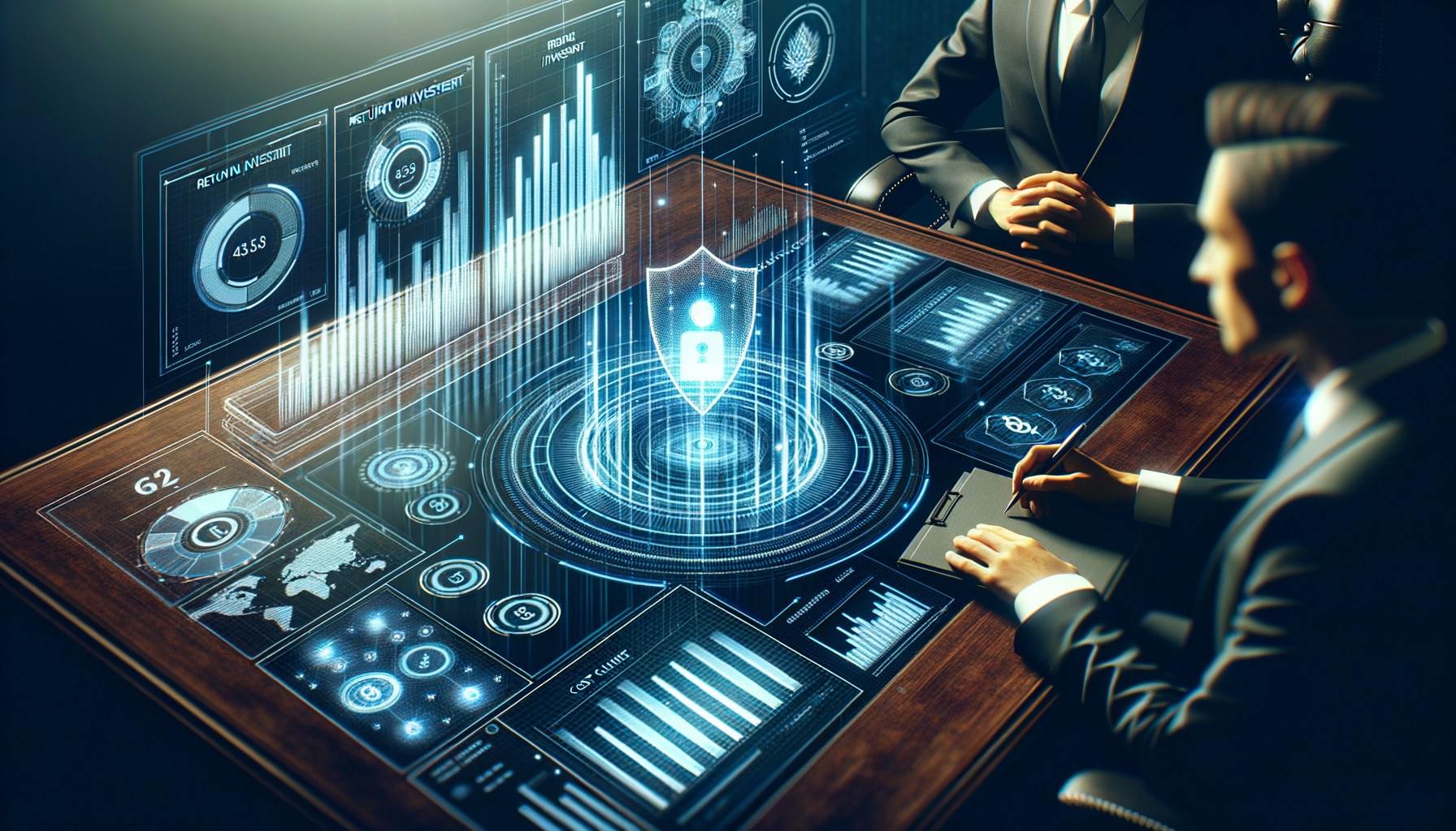 Executive desk with holographic financial projections and security investment metrics