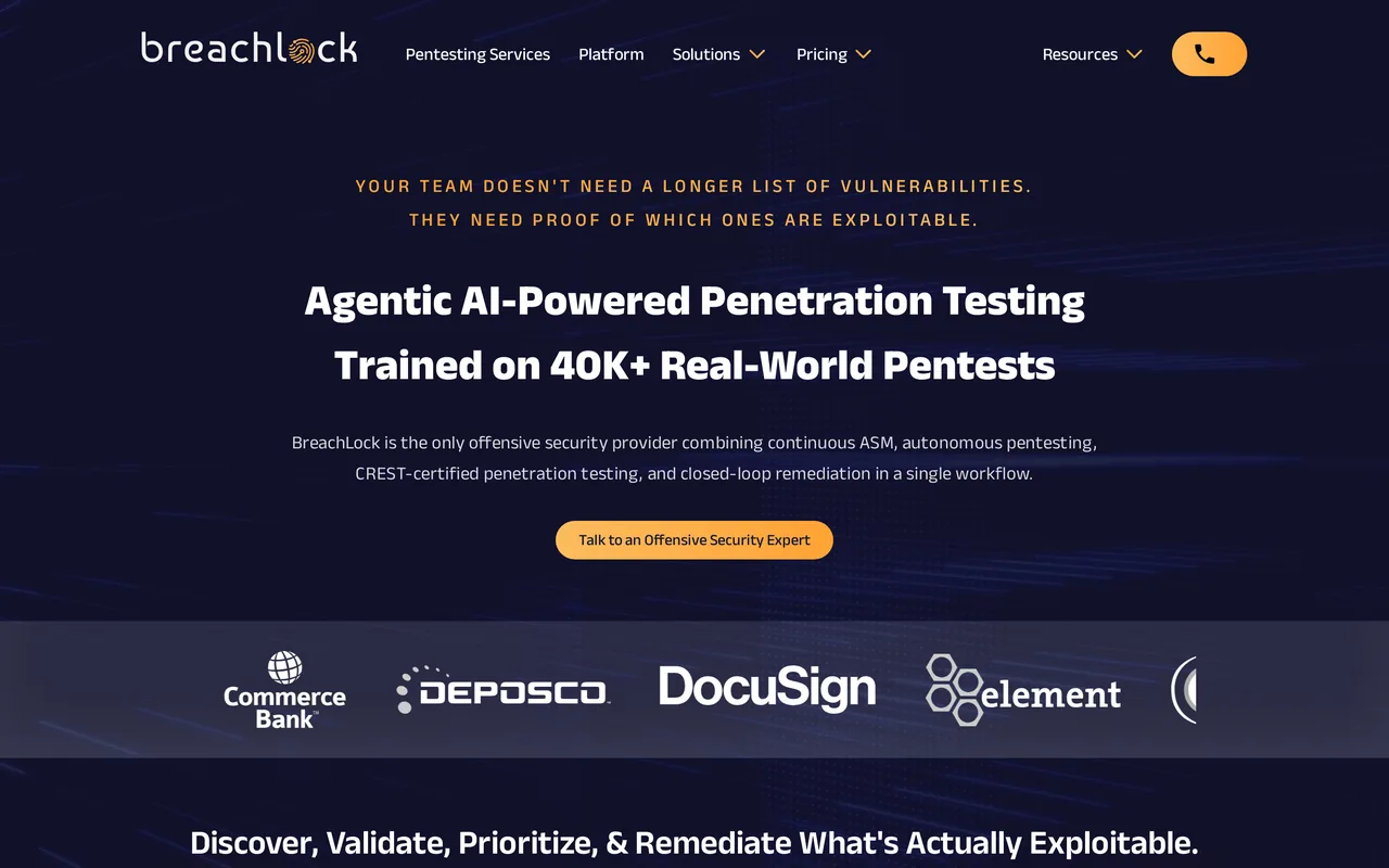BreachLock homepage, captured October 2026