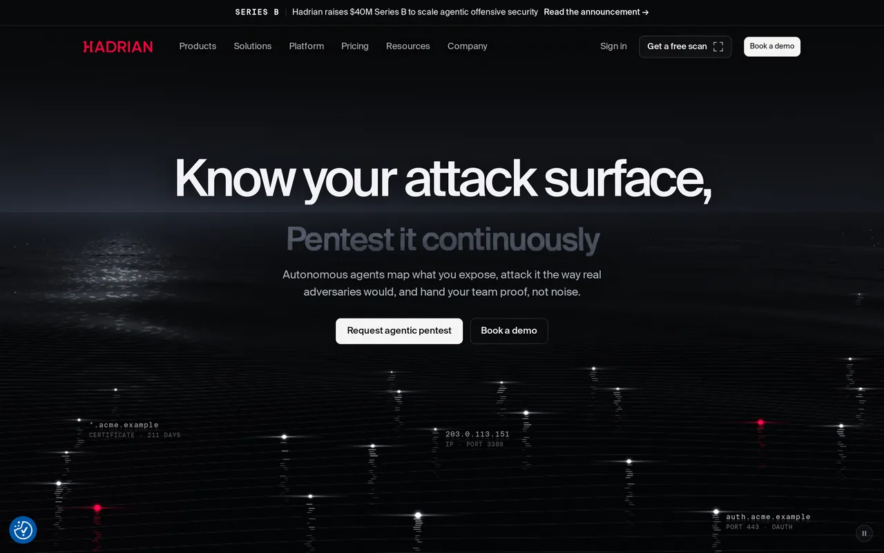 Hadrian homepage, captured October 2026
