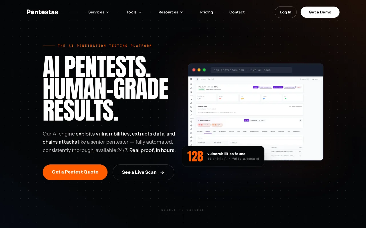 Pentestas homepage, captured October 2026