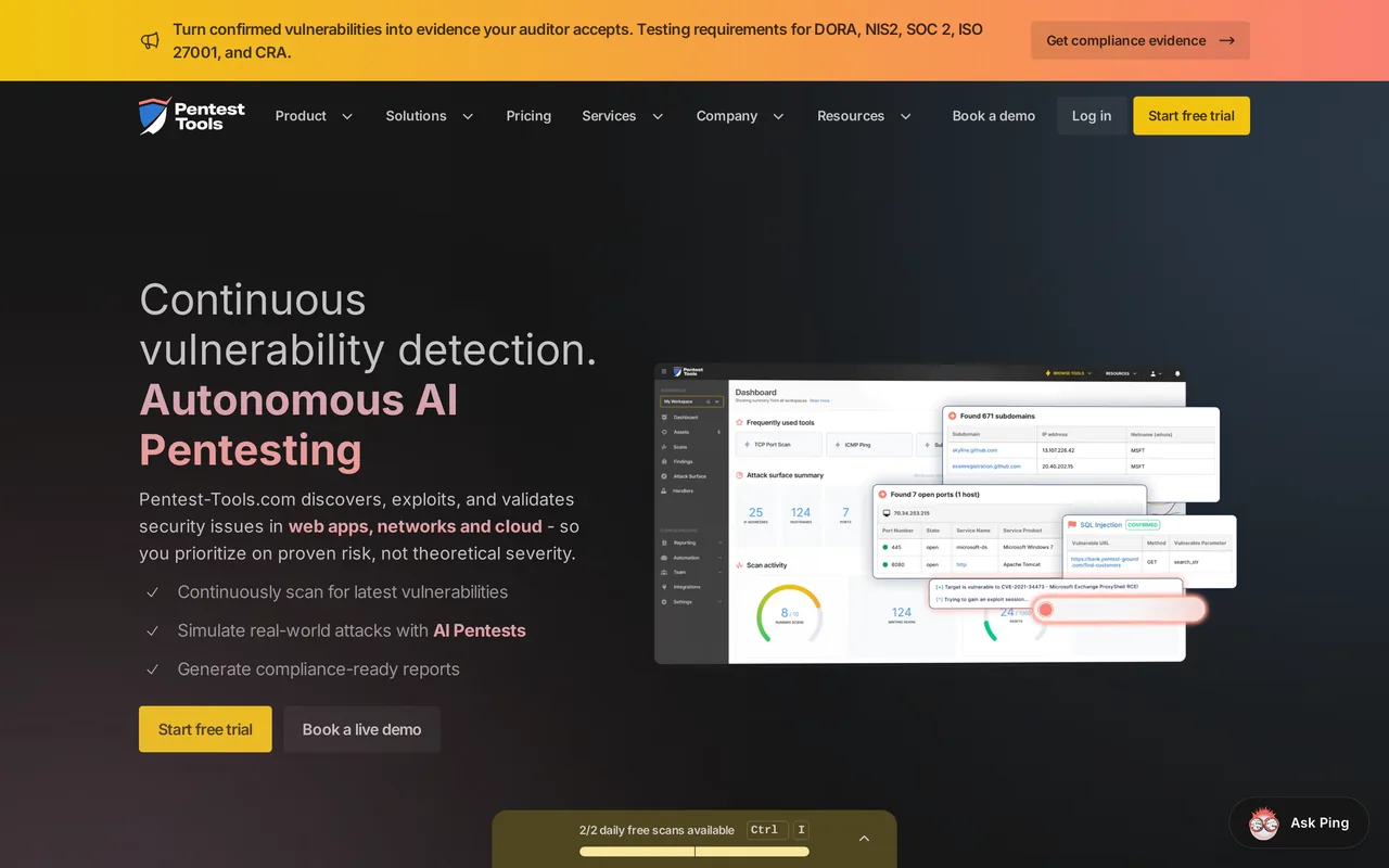 Pentest-Tools.com homepage, captured October 2026