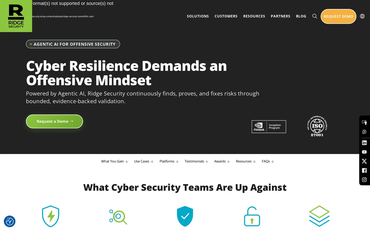 Ridge Security homepage, captured October 2026
