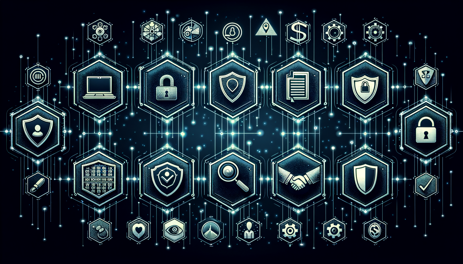 Ten floating verification badges with security-related evaluation symbols