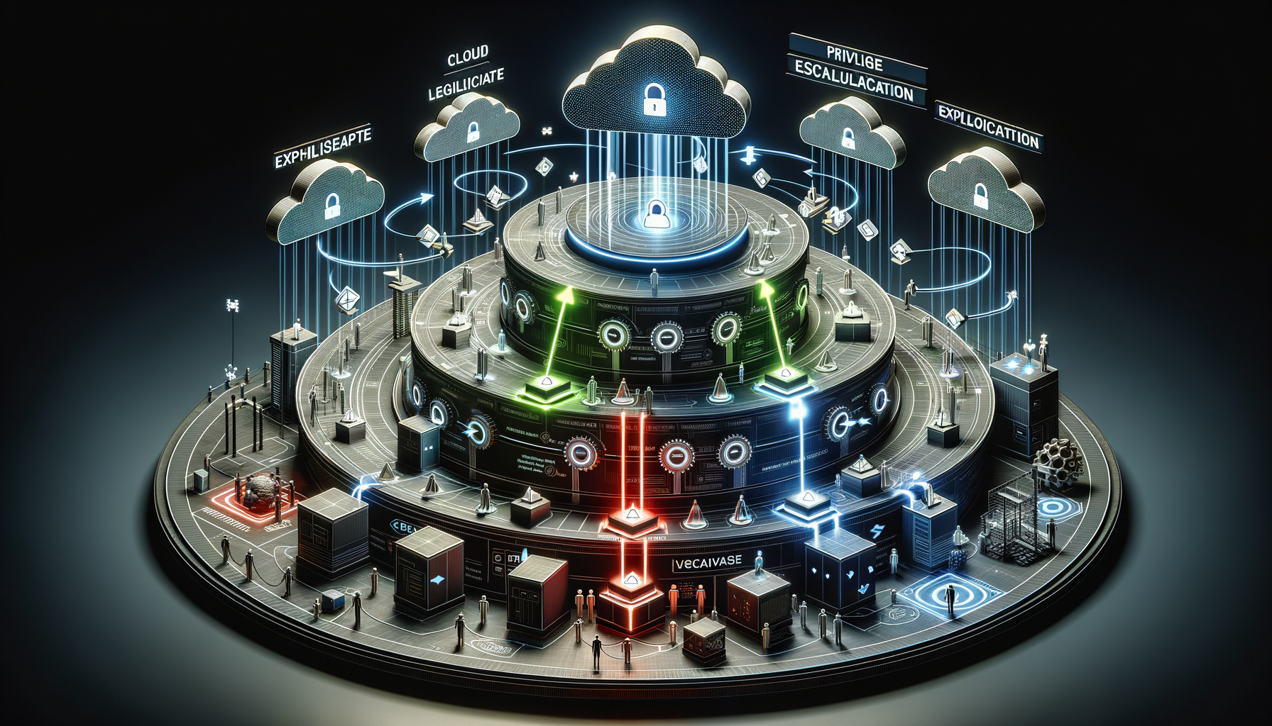 Cloud IAM privilege escalation visualization with ascending permission platforms and identity tokens