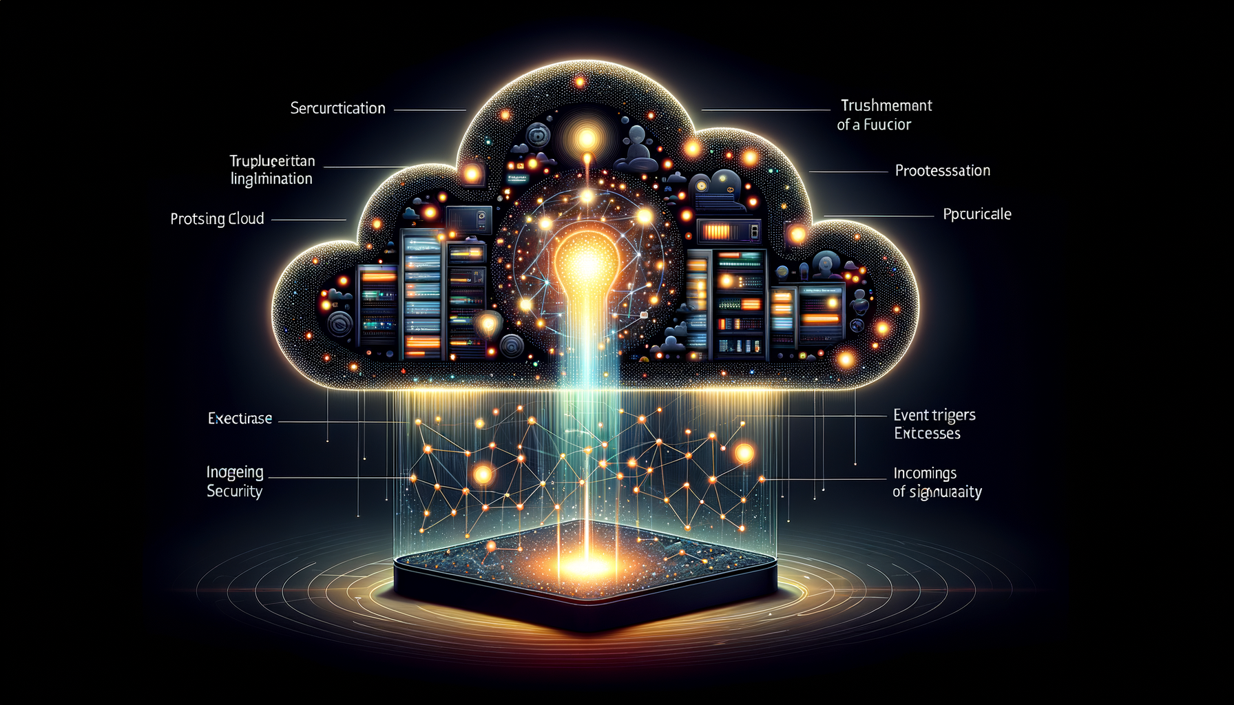 Serverless functions as ephemeral light bursts with protective security bubbles and event triggers
