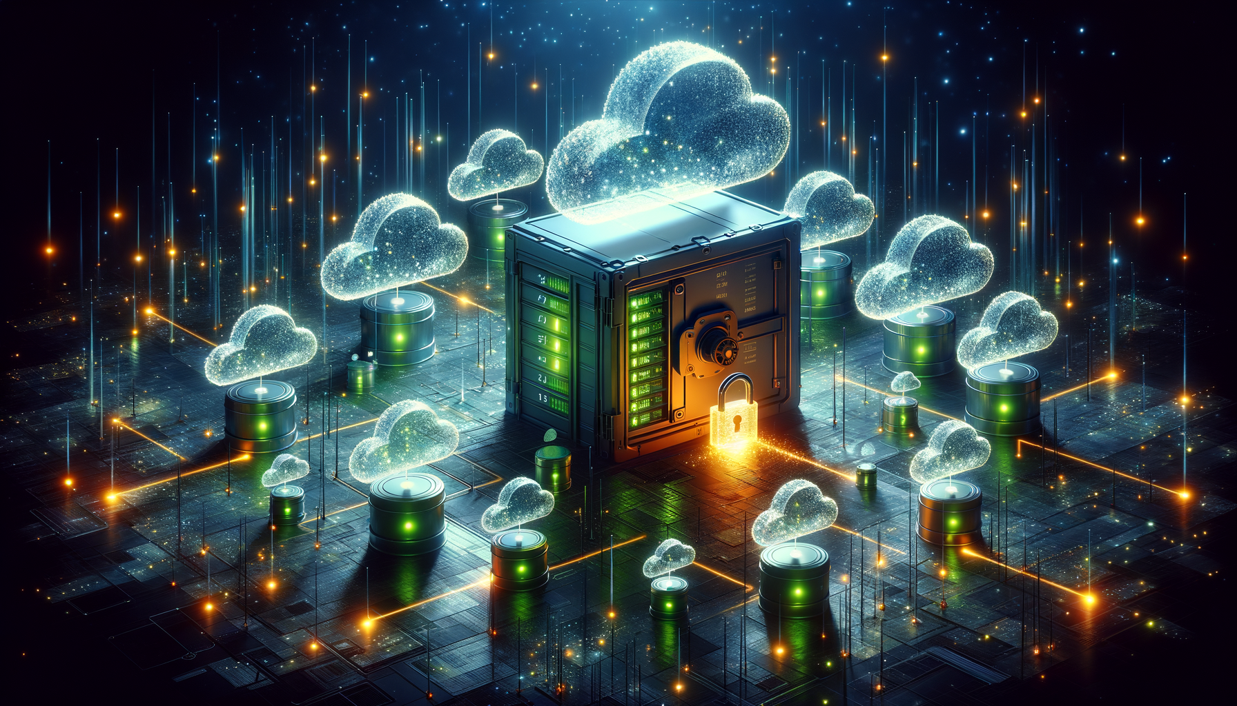 Cloud storage vaults floating in space with encryption locks and one misconfigured bucket leaking data