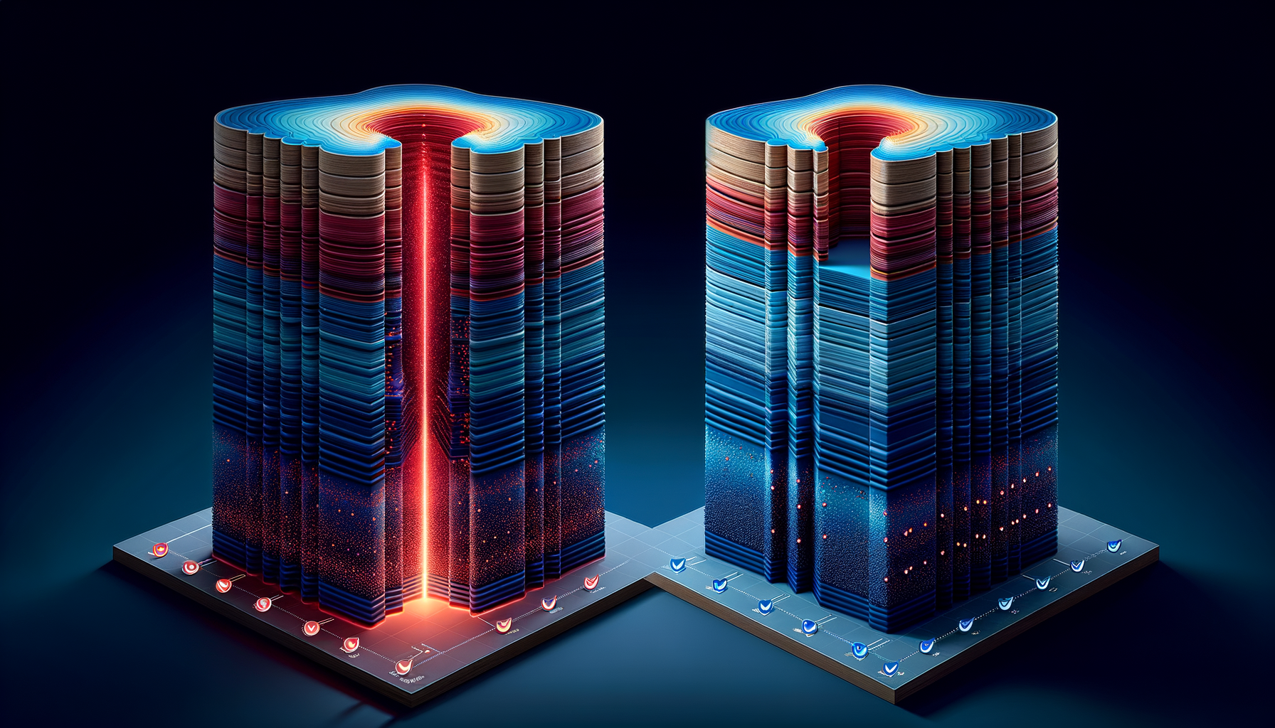 Two cross-sections of cloud stack comparing penetration test depth versus assessment coverage