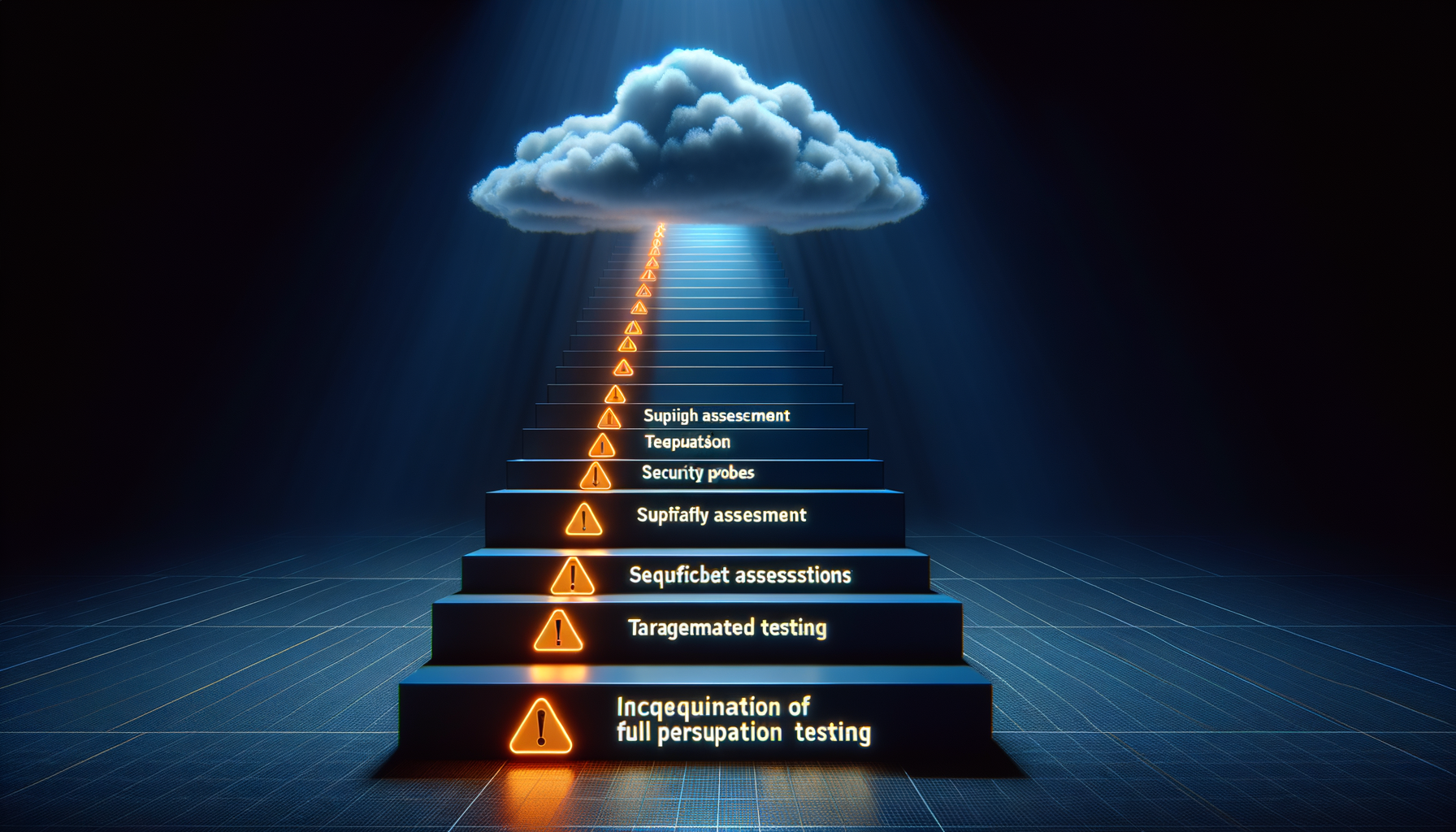 Ascending staircase of cloud security maturity showing progression from assessment to full penetration testing