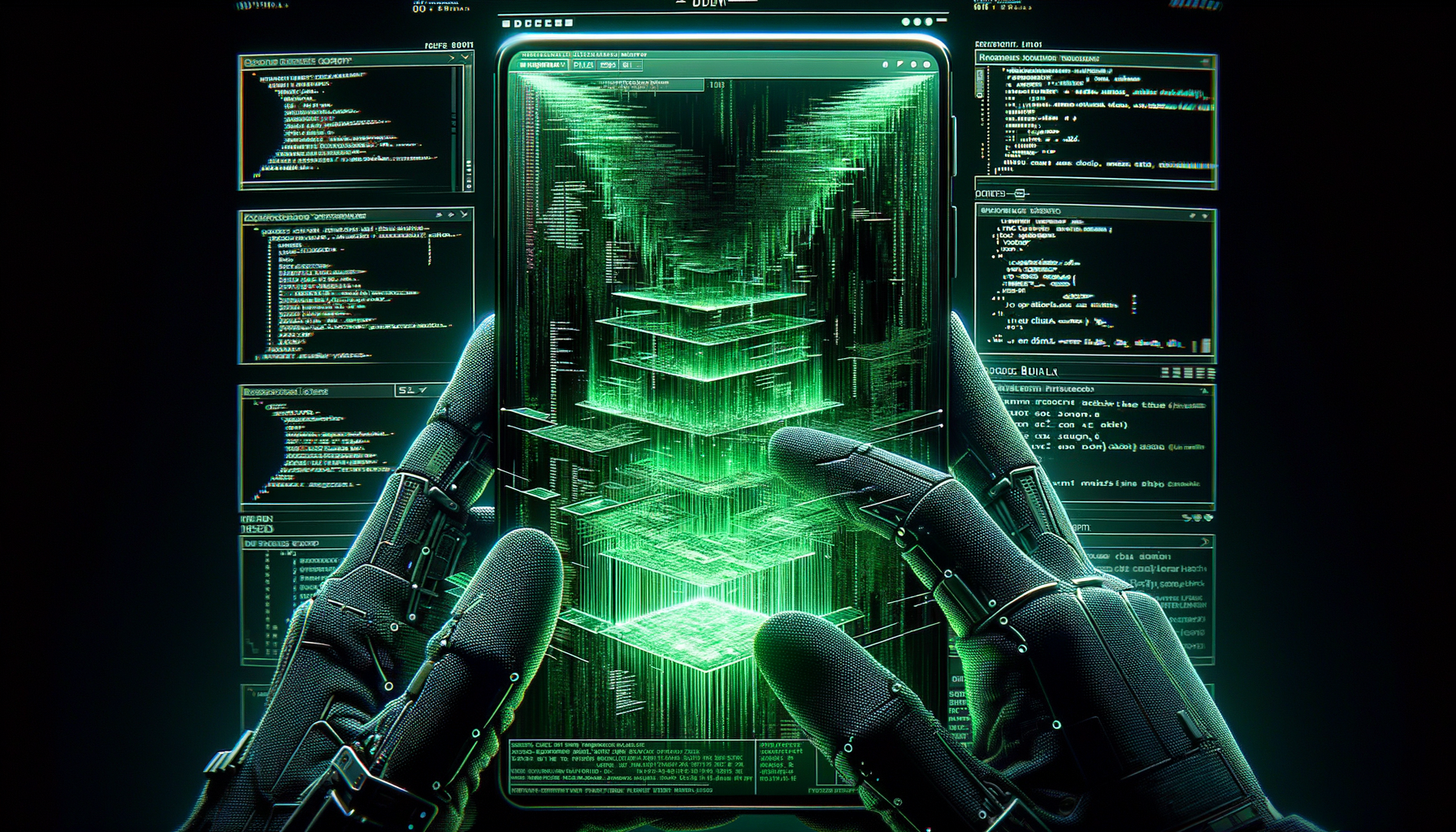 Mobile application binary being reverse-engineered with decompiled layers revealed