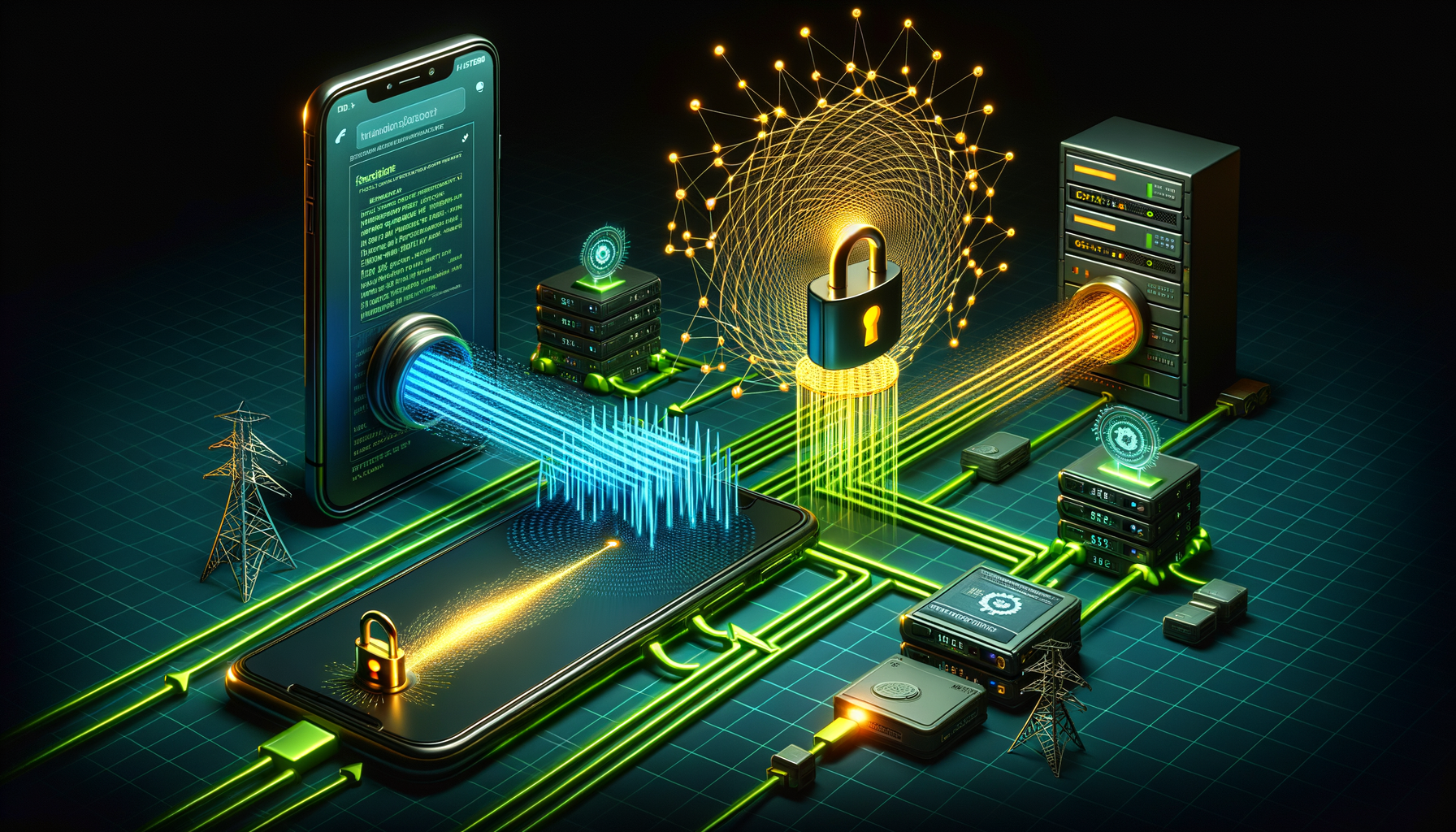 Man-in-the-middle attack visualization showing mobile data interception and certificate pinning defense