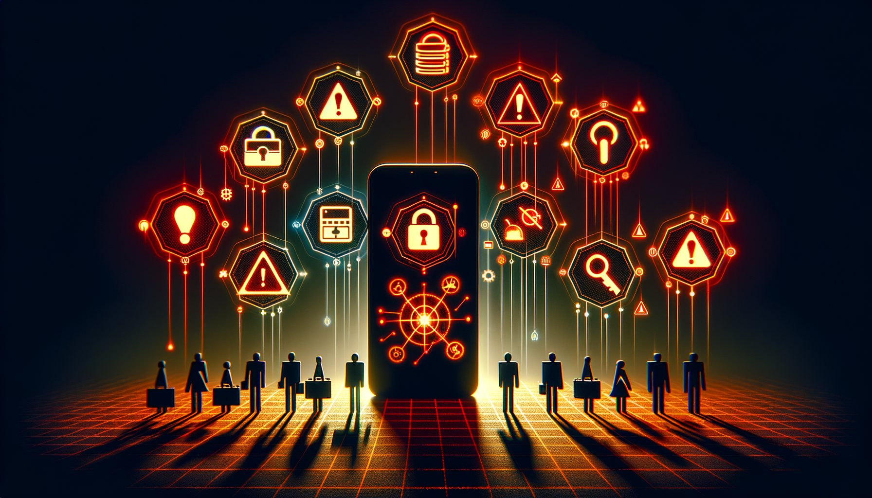 Security vulnerability icons arranged in mobile device shape representing OWASP Mobile Top 10