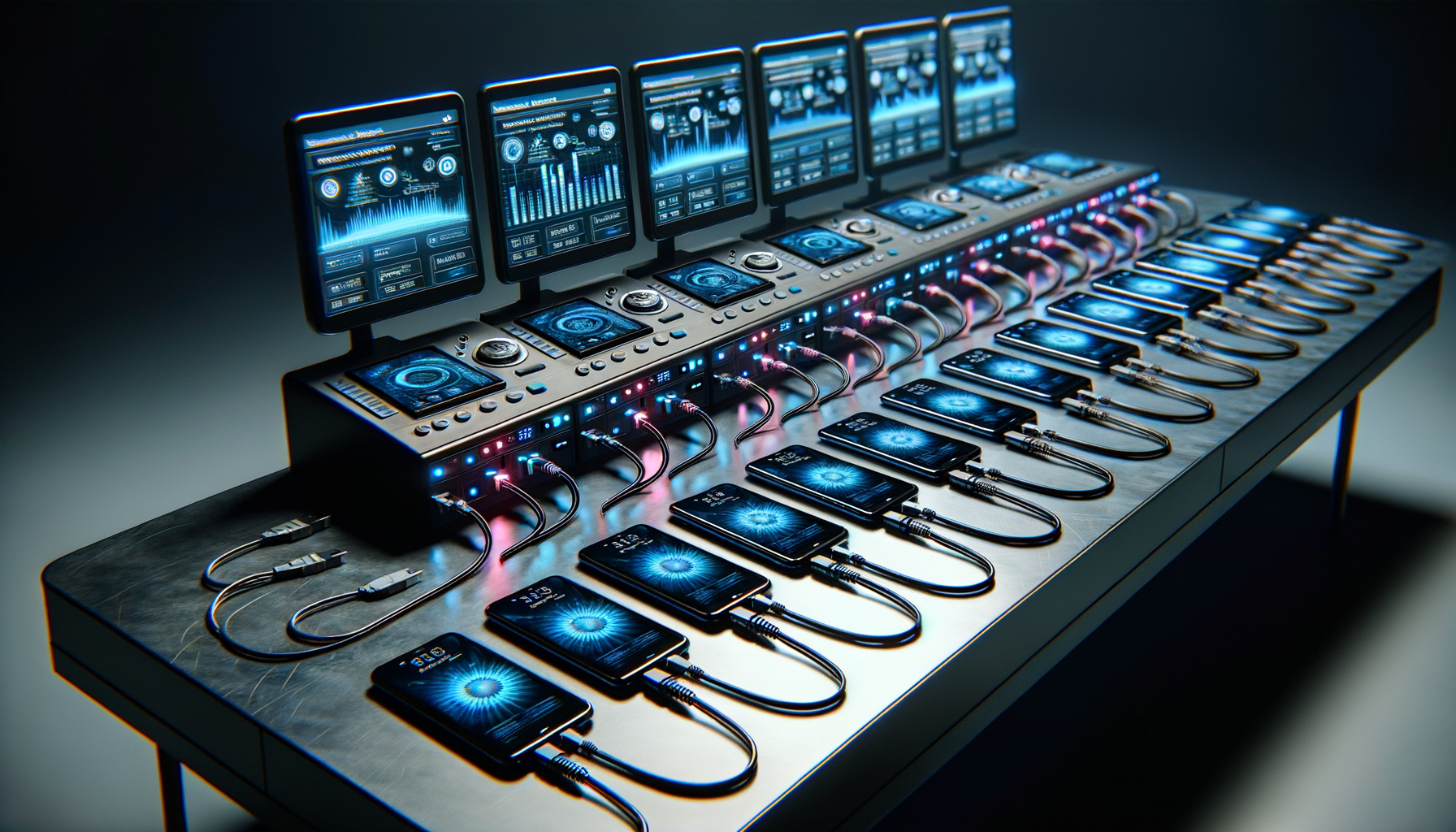 Array of physical mobile devices on testing bench connected to central security analysis hub