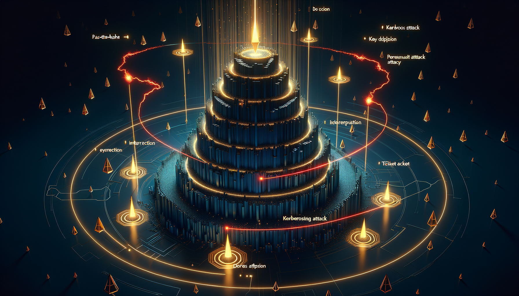 Active Directory domain tree as glowing hierarchical structure with Kerberos tickets and attack paths