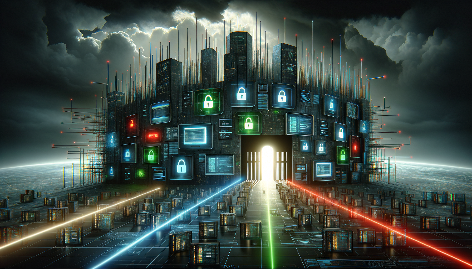 Corporate network perimeter wall with illuminated entry points showing security status