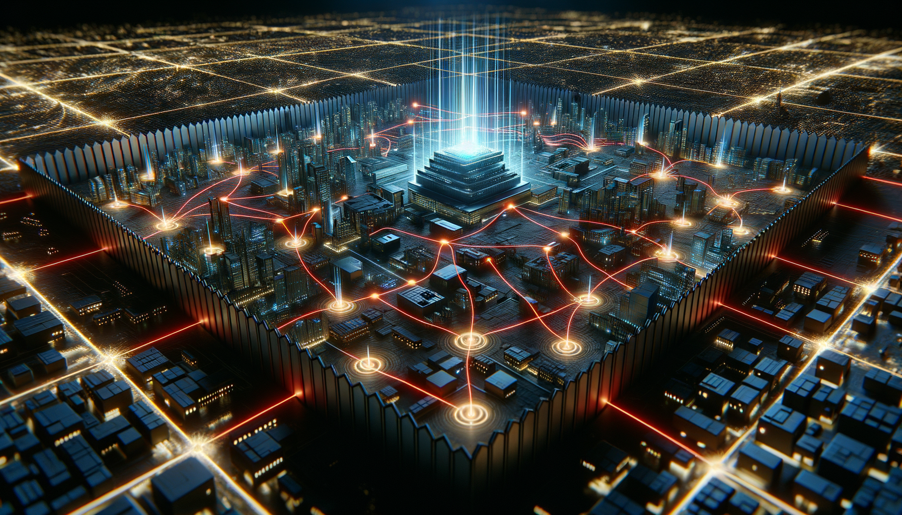 Sprawling network topology rendered as a glowing city grid with Active Directory fortress at center