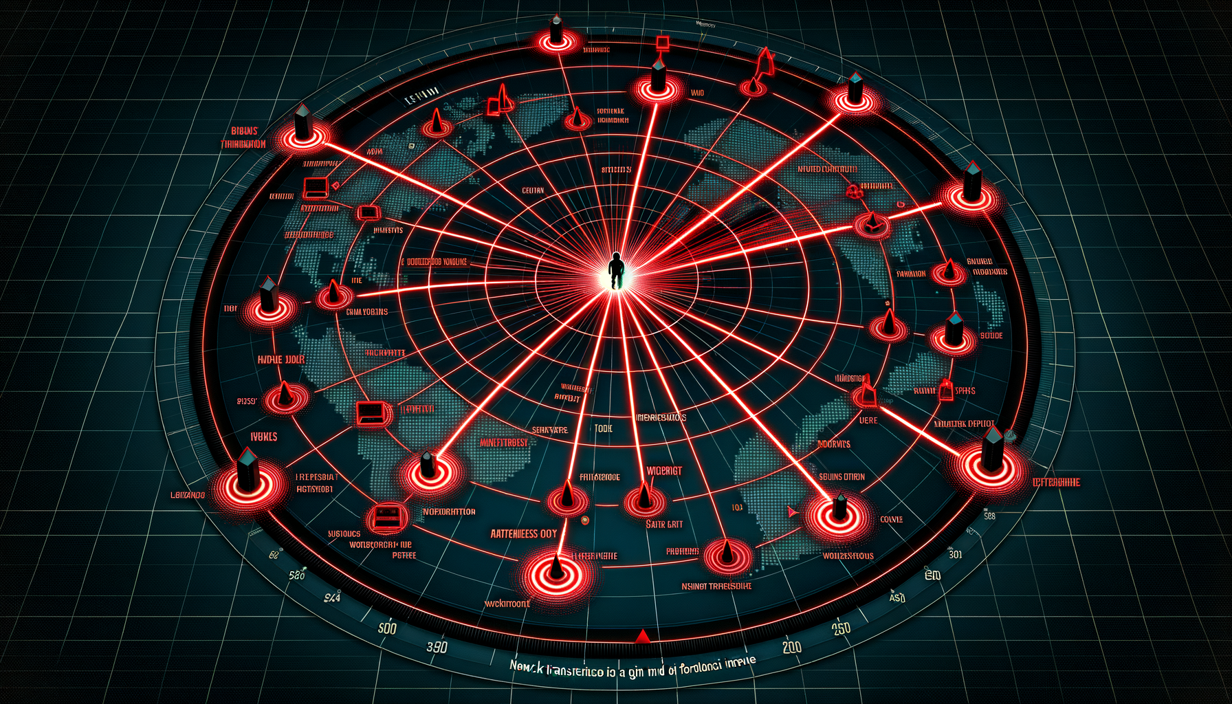 Top-down view of lateral movement through network segments showing attacker progress trail