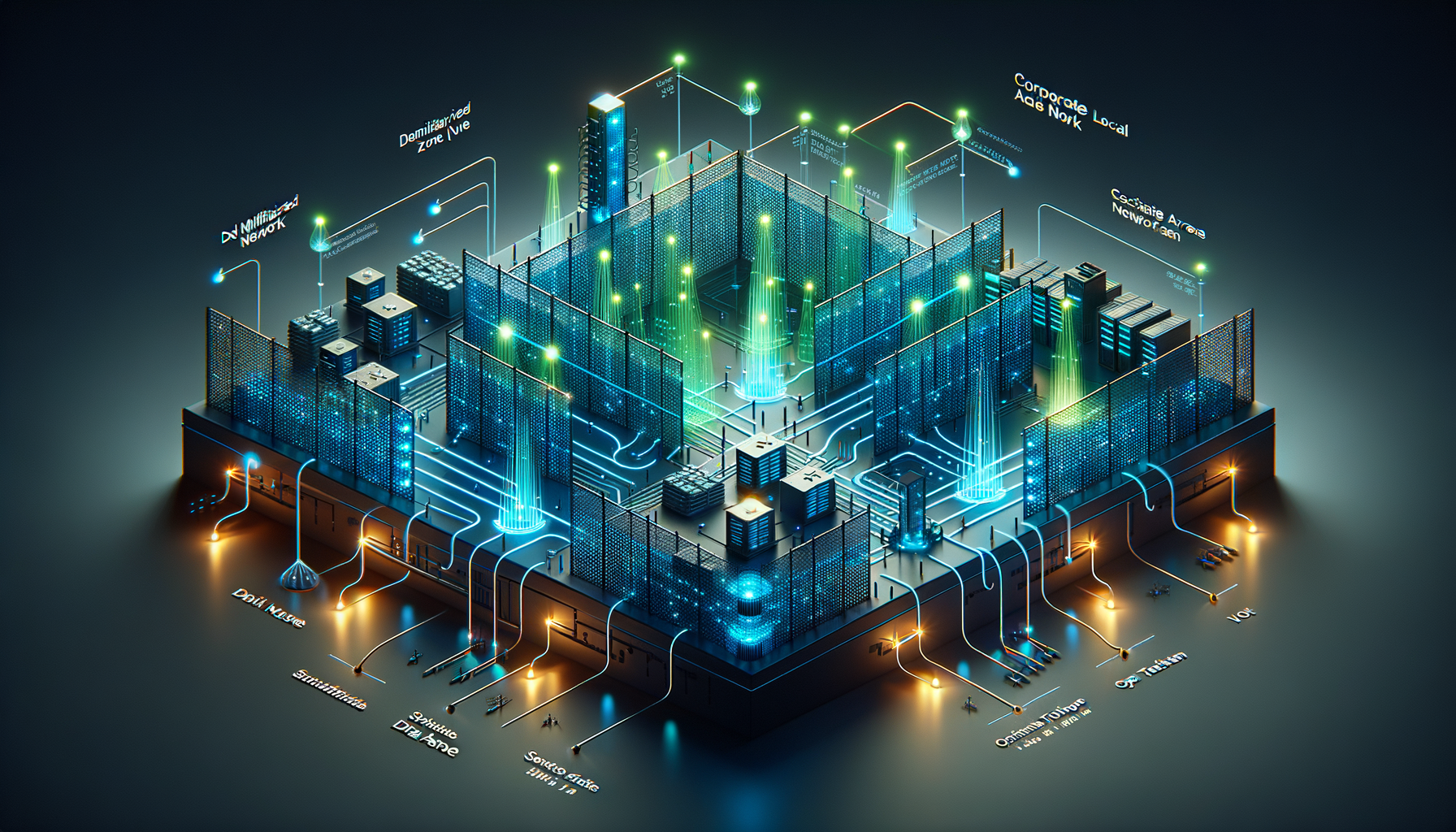 3D cross-section of properly segmented network with distinct security zones and firewall barriers