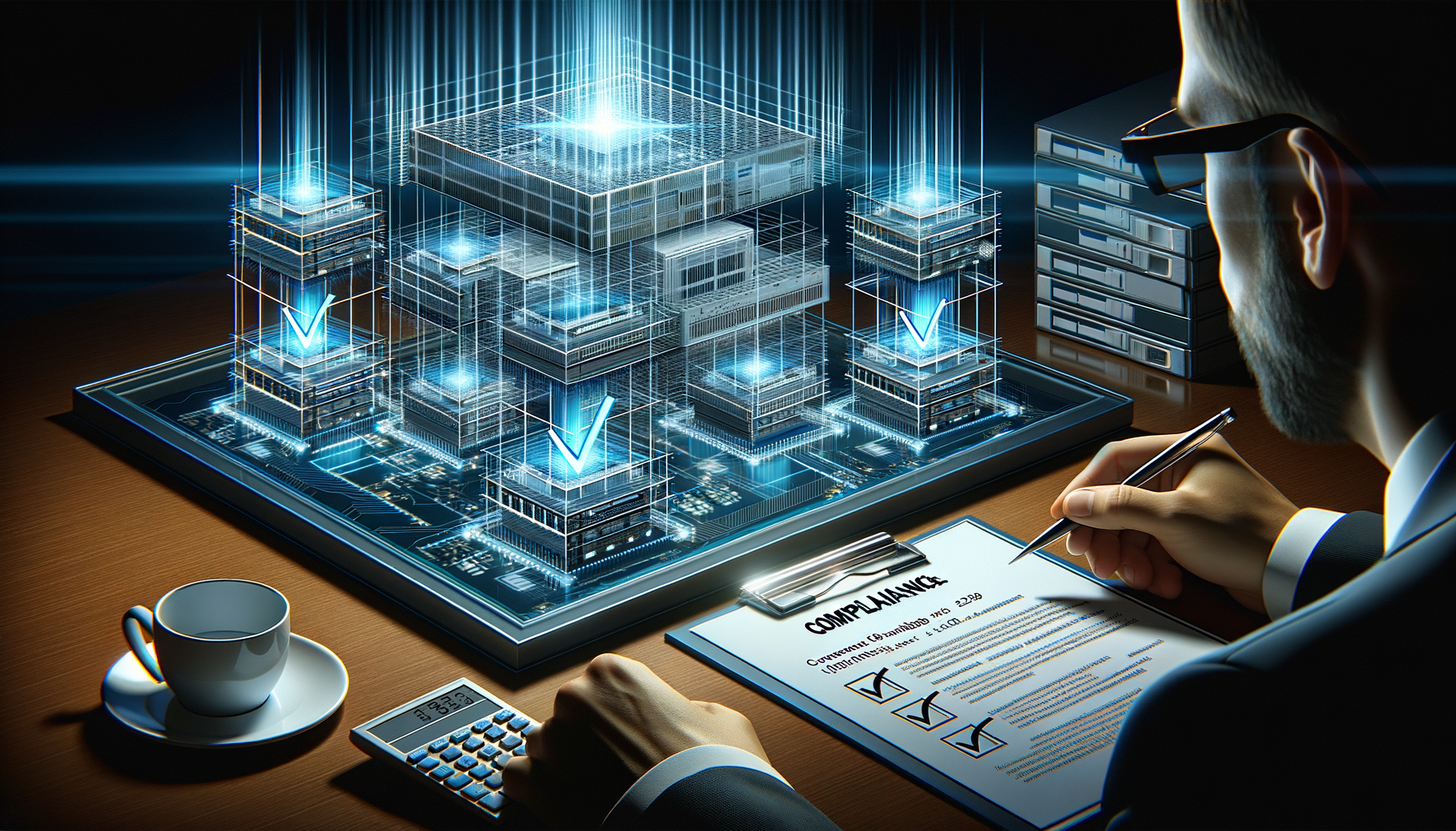 Network infrastructure being examined layer by layer with compliance checkmarks on validated layers