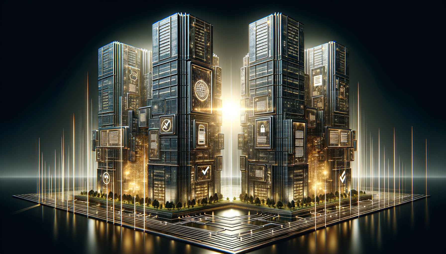 PCI DSS and CMMC compliance framework monuments flanking network infrastructure with verification beams