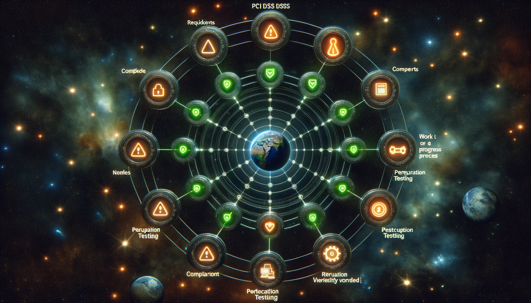 Twelve PCI DSS requirement nodes orbiting central network icon with compliance status indicators