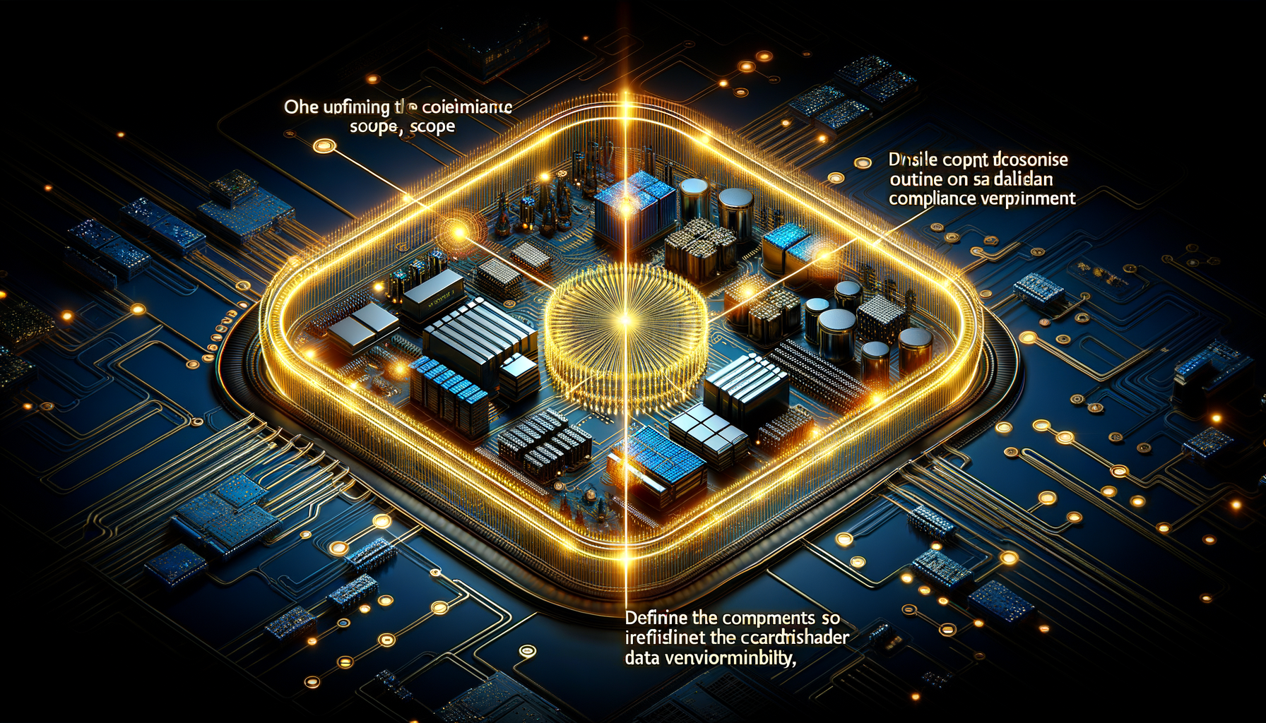 Bird's-eye view of network with glowing compliance scope boundary highlighting cardholder data environment