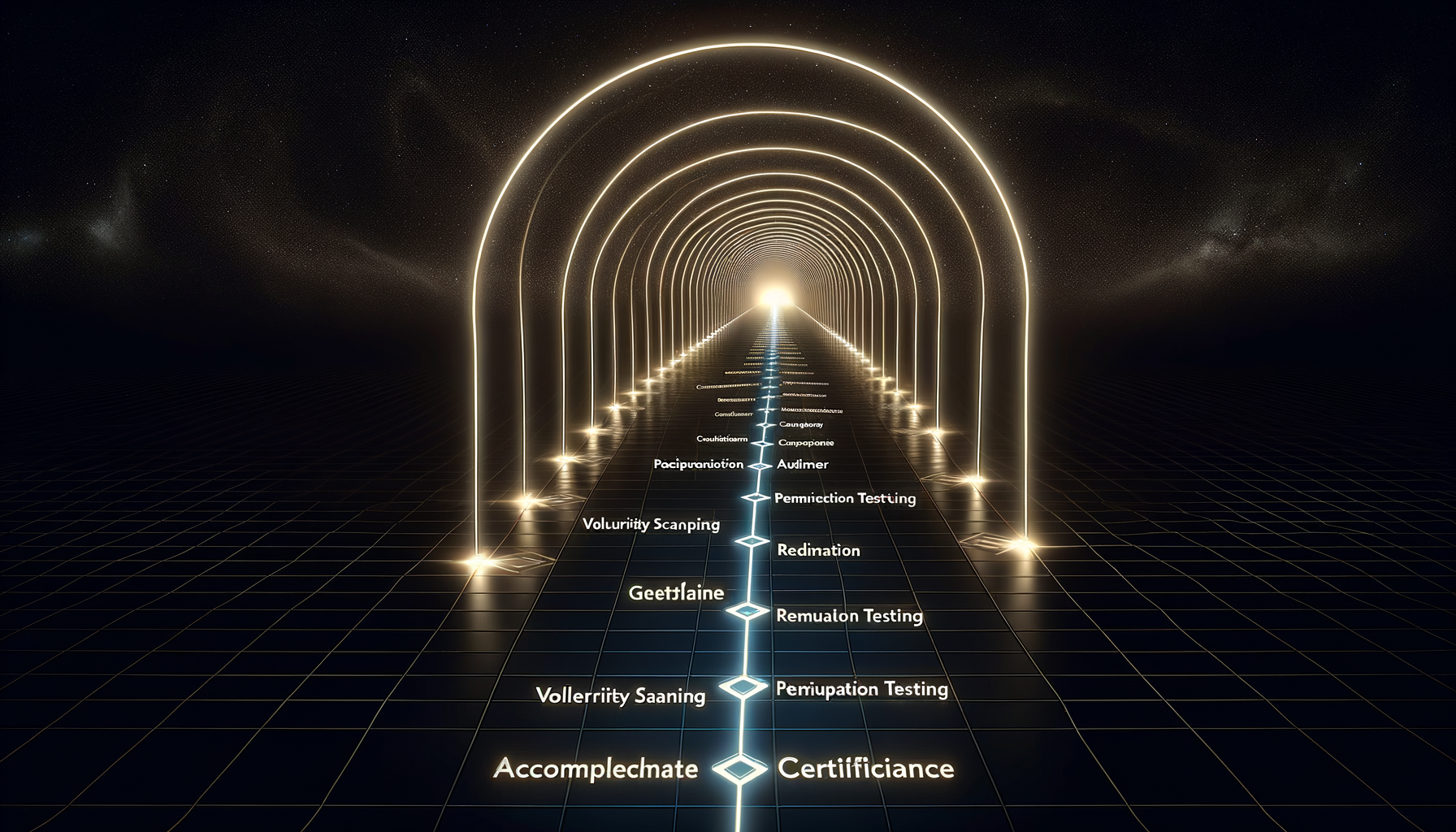 Compliance journey pathway with quarterly milestone gateway arches leading to certification beacon