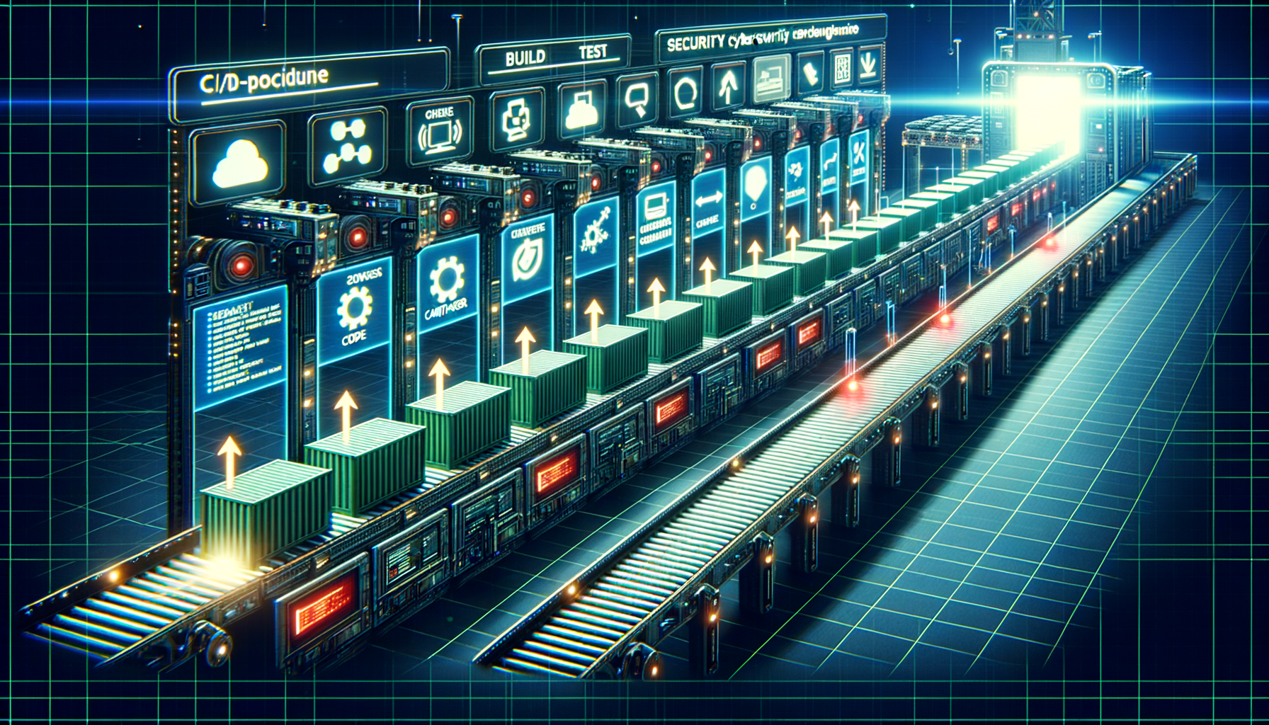 Futuristic CI/CD pipeline with security scanner gate inspecting code containers