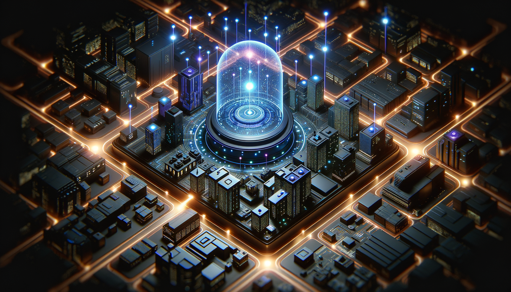 Overhead view of SaaS platform architecture as a futuristic city with protective security dome