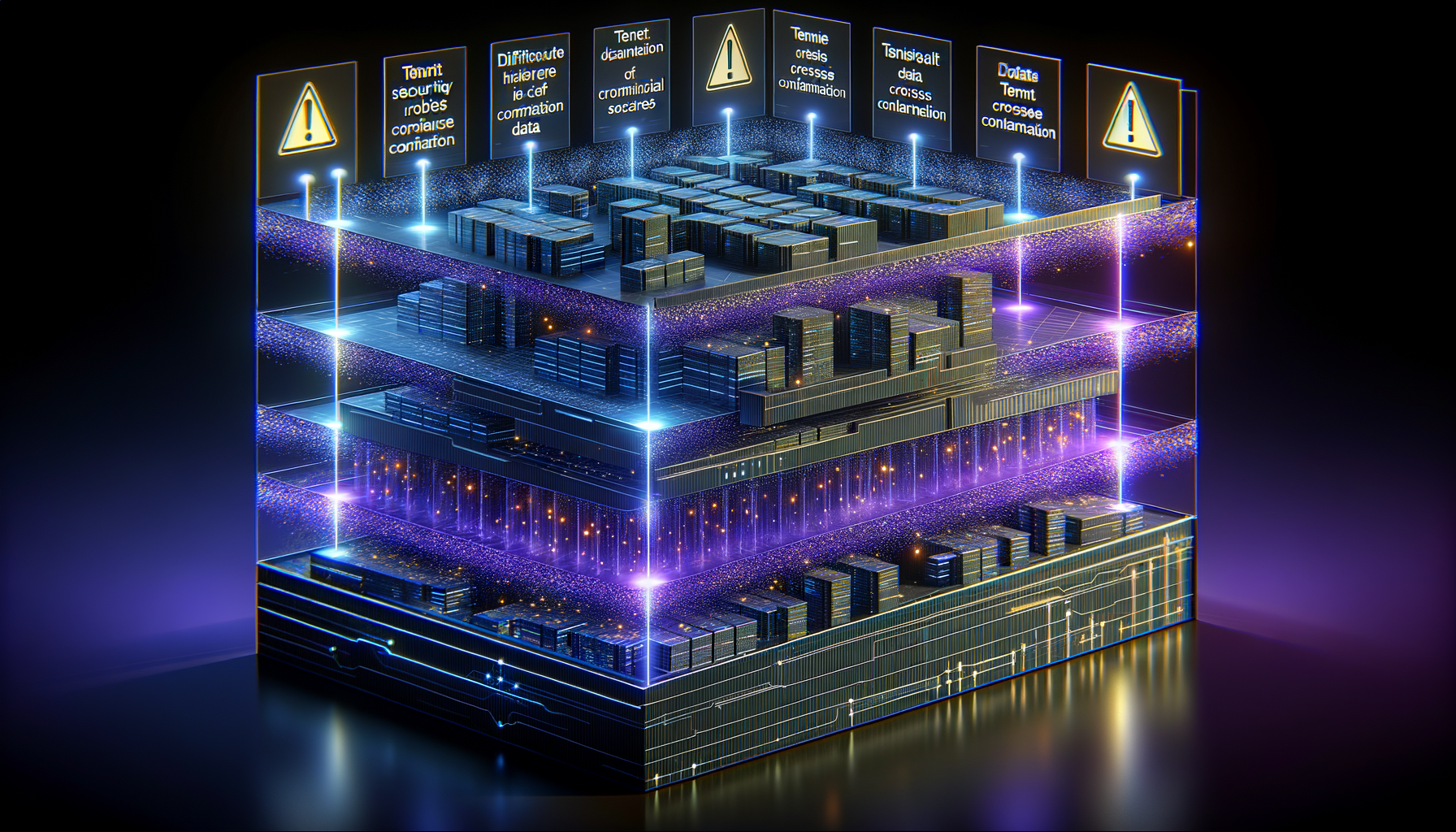 Cross-section of layered SaaS security architecture showing tenant isolation barriers
