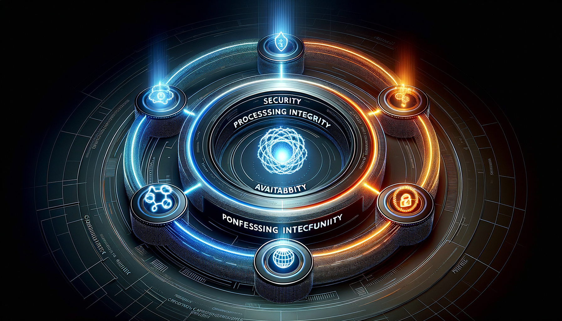 SOC 2 Trust Services framework with five interconnected rings orbiting a central SaaS application