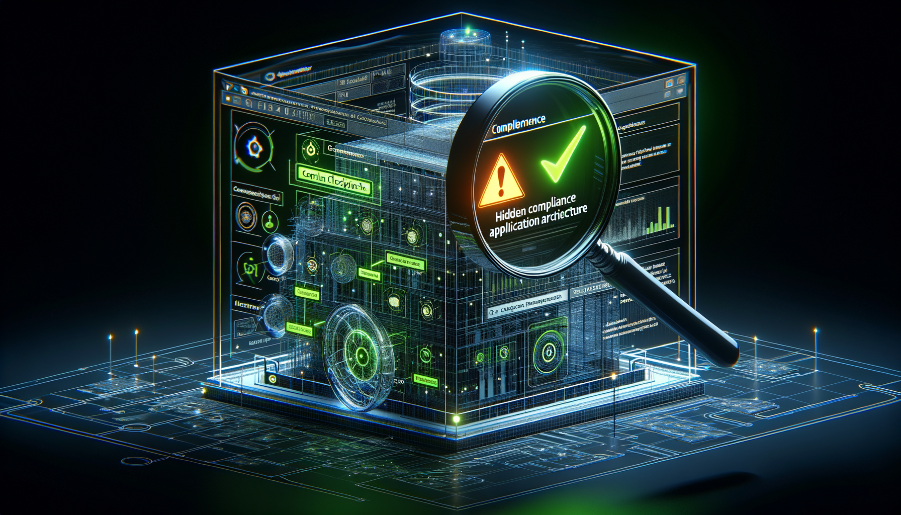 Digital magnifying glass revealing compliance checkpoints in web application architecture