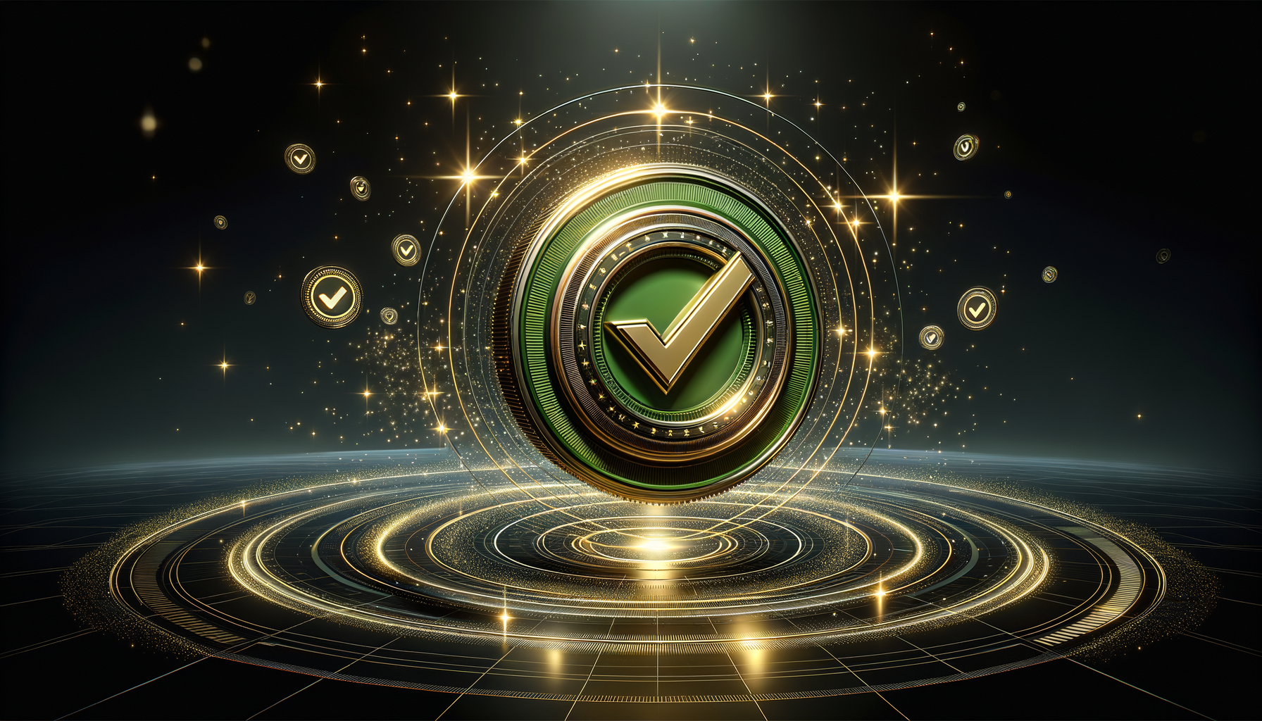 Digital certification seal surrounded by orbiting compliance verification icons