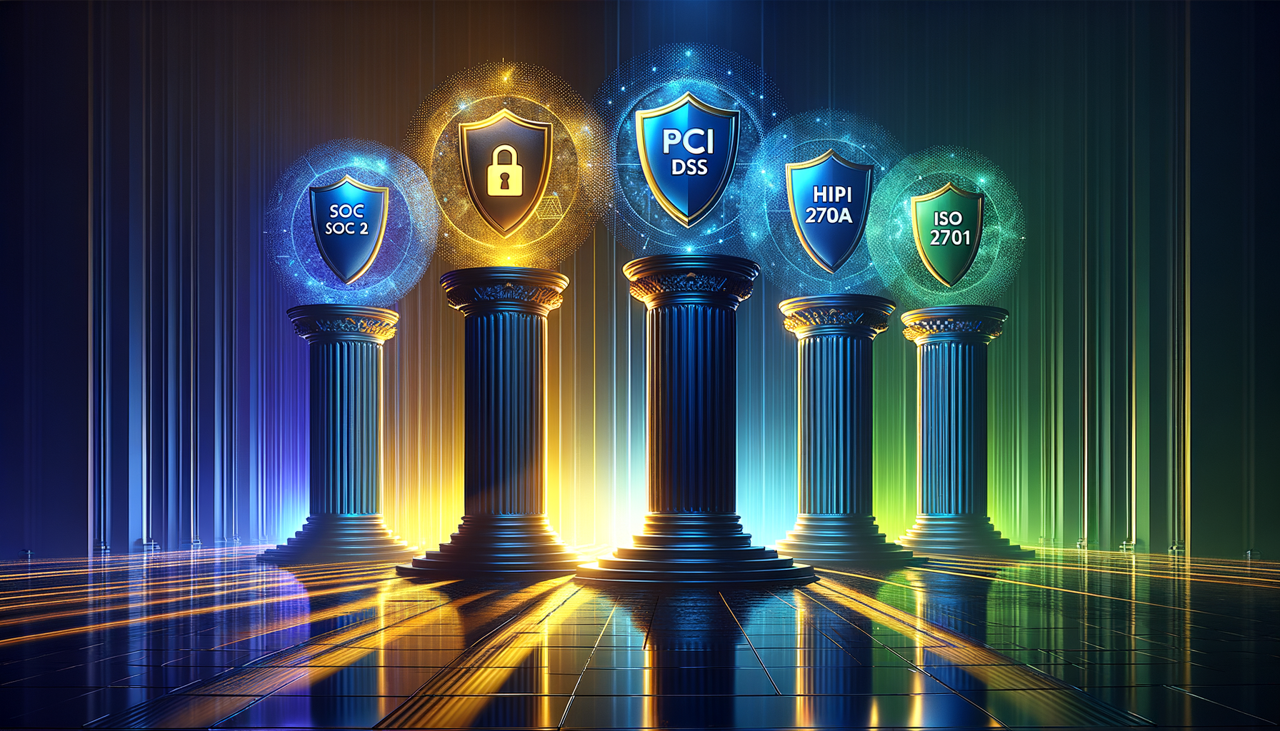 Compliance framework pillars representing SOC 2, PCI DSS, HIPAA, and ISO 27001 connected by security beams