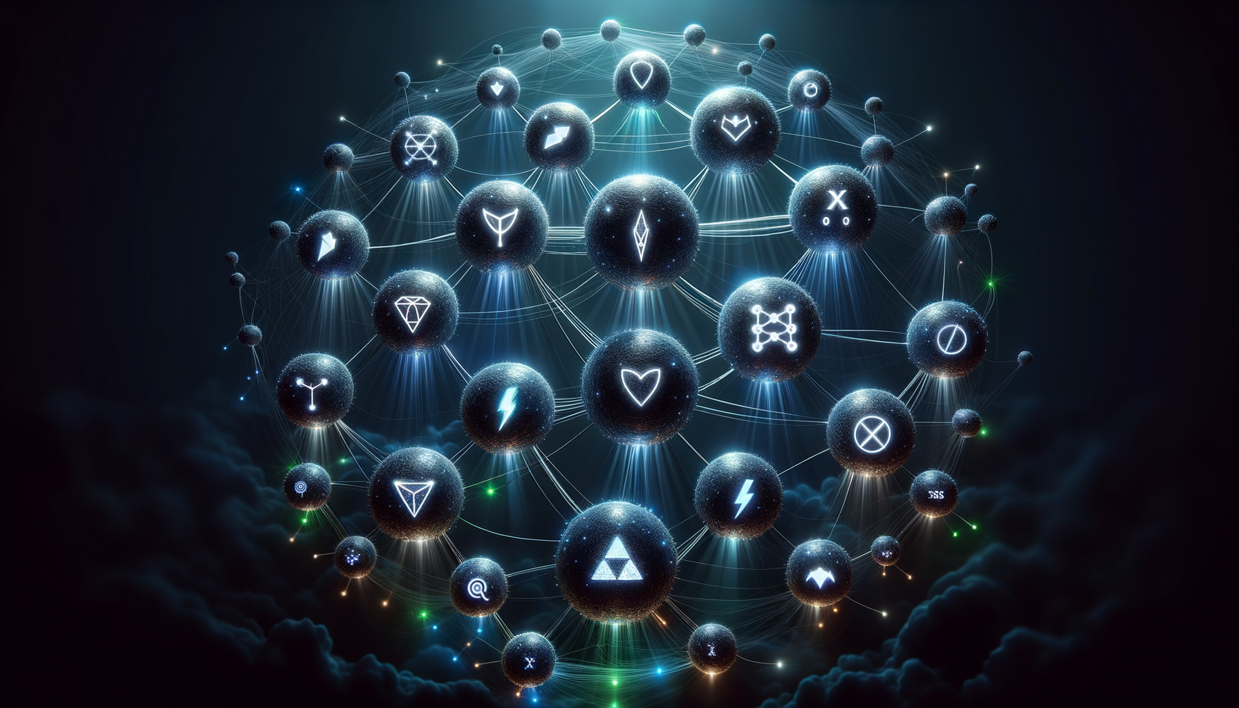 Interconnected vulnerability orbs representing different web application security threats