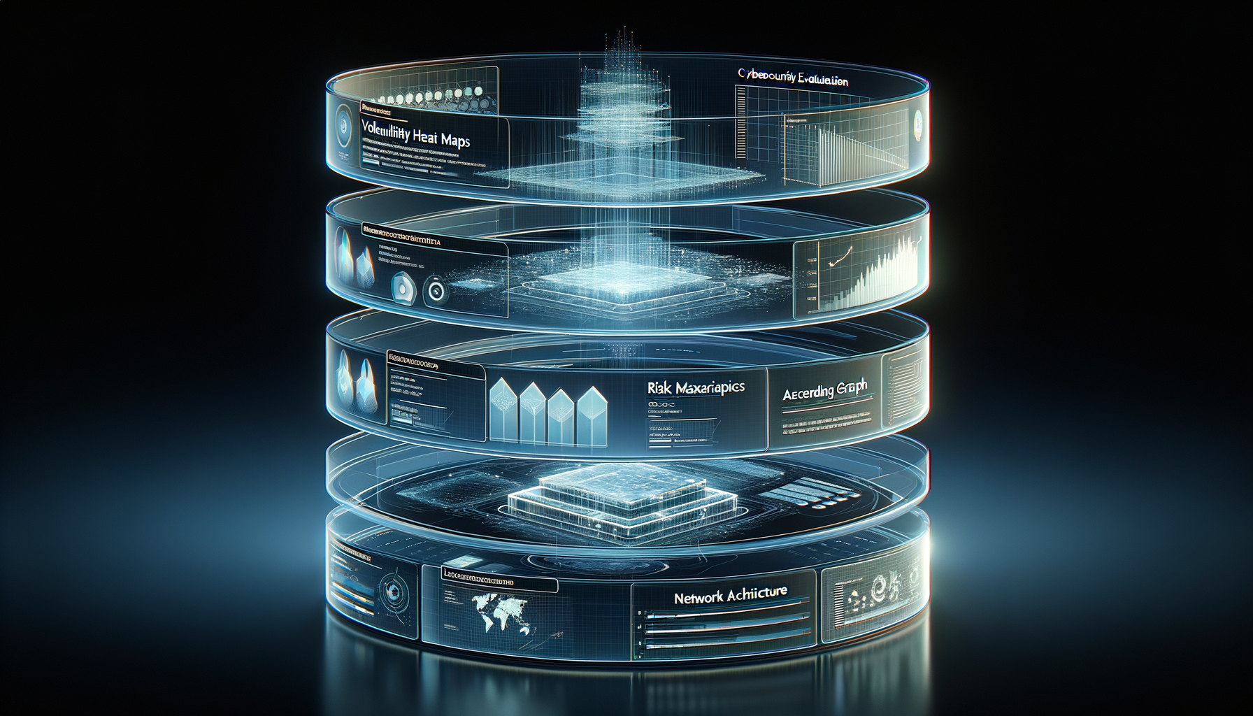 Layered transparent screens showing security assessment dashboards and vulnerability reports